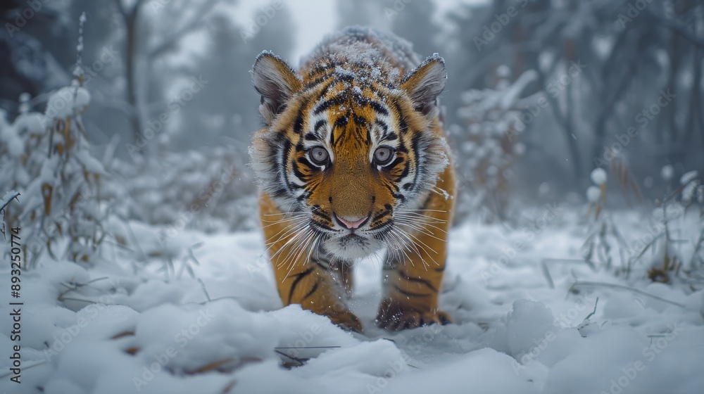 Obraz premium A Tiger Walking Through the Snow in a Forested Area - Generative AI