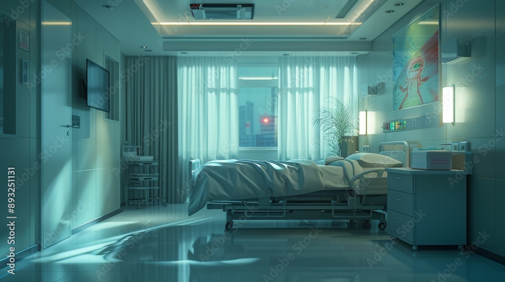 Obraz premium A Hospital Room With a Bed, Television and a Painting on the Wall - Generative AI