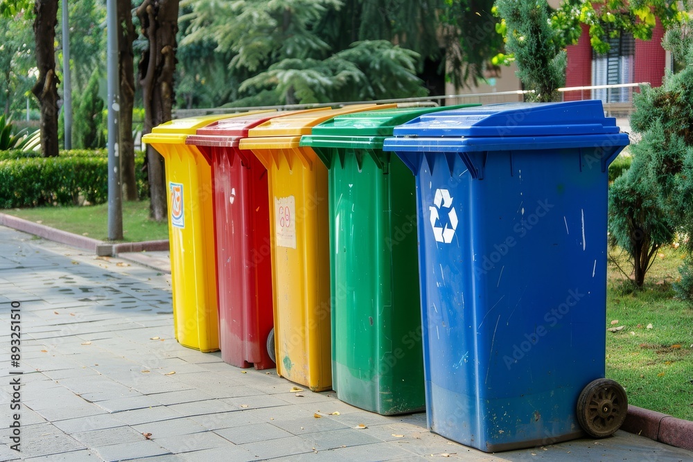 Different color recycling bins in city park bins for collection of recycle materials. Different color recycling bins in city park bins for collection of recycle materials.