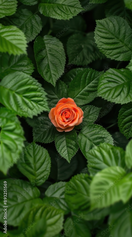 Vibrant orange rose blooming in lush green foliage Vibrant orange rose blooming in lush green foliage