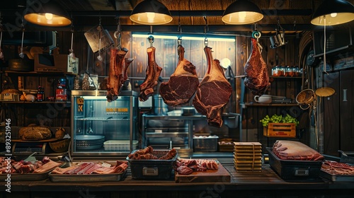 Beef cuts hung in the butcher shop for sale