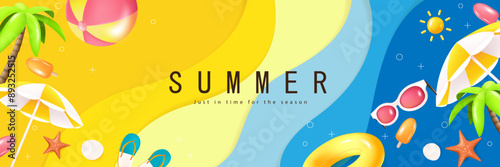 Summer web banner template with ripple abstract wave background and summer tropical beach vibes decoration