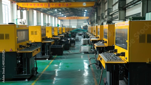 Rows of injection molding machines producing parts © bomie