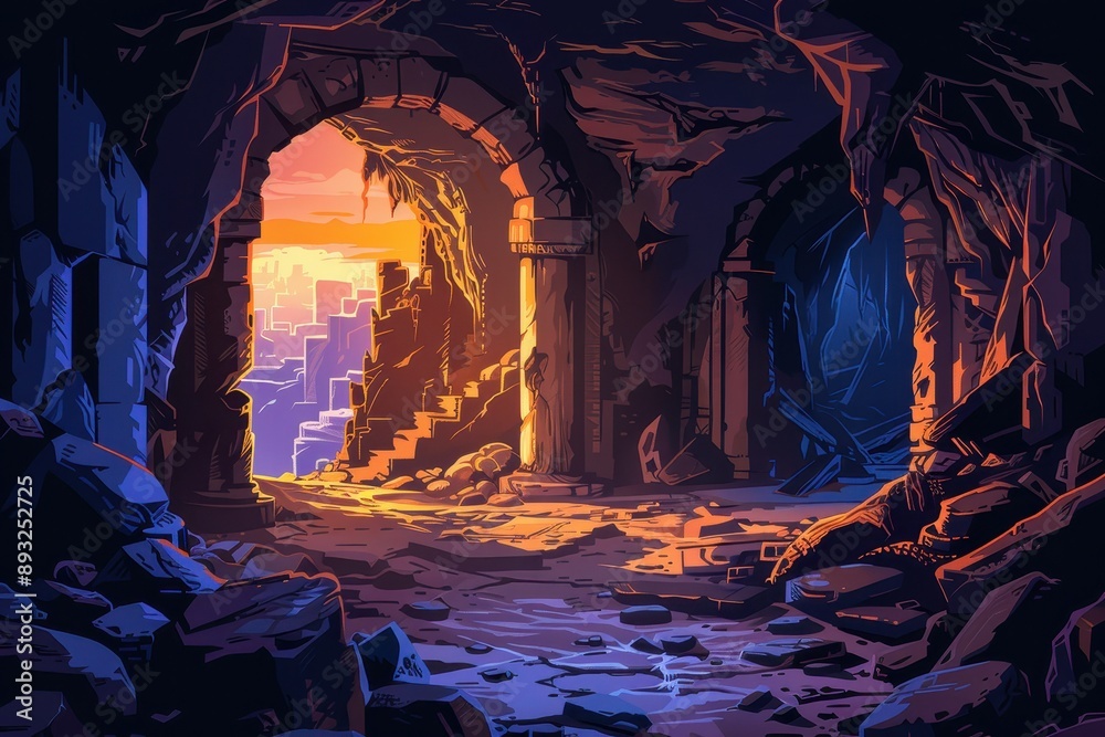 Obraz premium Ancient temple ruins bathed in the warm glow of sunset reveal a forgotten city