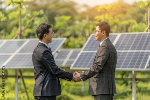 Executive business people making handshake after meeting with electrical engineer technician solar panels. Clean and green alternative energy concept