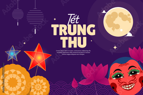 Happy Vietnamese Mid-Autumn Moon Festival greeting vector with moon, Vietnamese mask, star paper lantern, moon cake, lotus illustrations. Tet Trung Thu templates, invitations, web banners.