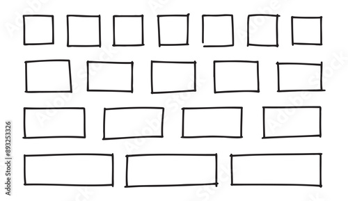 Free outline hand drawn vector squares, rectangles different sizes. Scribble rectangular frames set. Freehand square borders. Text highlight underline. 
