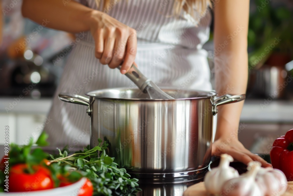 Female using steel metallic pot for preparing in the kitchen. Kitchenware for cooking. Female using steel metallic pot for preparing in the kitchen. Kitchenware for cooking.
