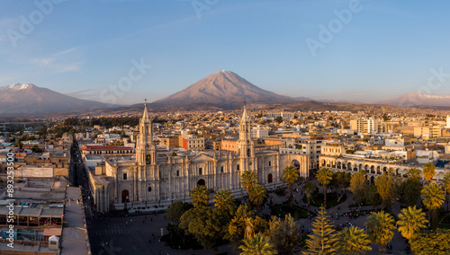 Arequipa, Peru: Panoramic view of the Basilica Cathedral of Arequipa and the Plaza de Armas in the colonial old town in Peru at sunset