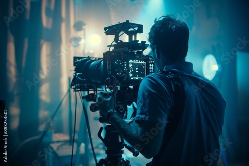 Filming interview. Behind the scene concept. Cameraman working on professional camera taking film interviewer interview celebrity people making news. 