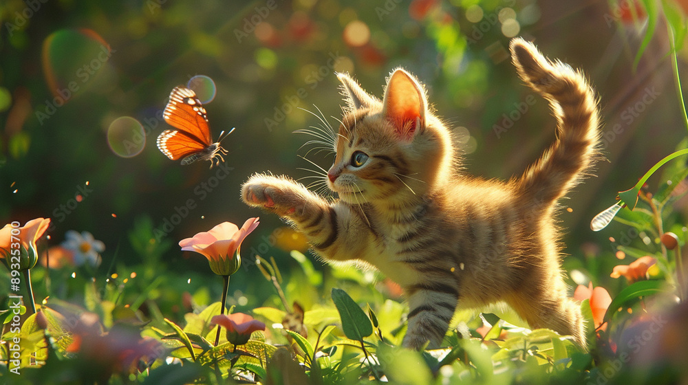 A playful kitten in a garden reaching out to touch a butterfly, surrounded by blooming flowers and bathed in sunlight, representing curiosity and joy. A playful kitten in a garden reaching out to touch a butterfly, surrounded by blooming flowers and bathed in sunlight, representing curiosity and joy.