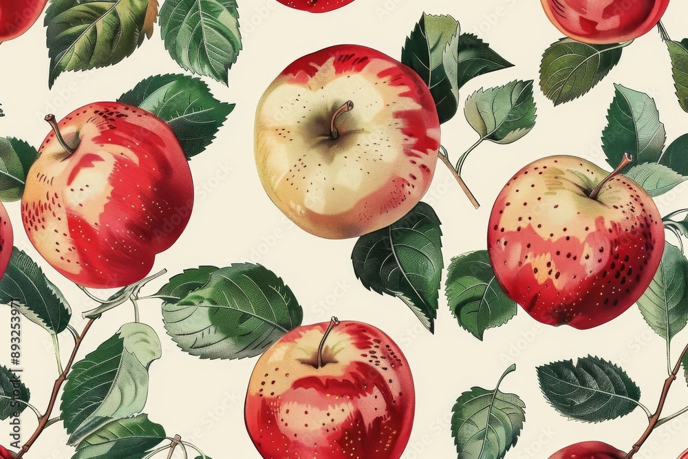 Fruit pattern. Seamless pattern of apple and leaves. Vintage botanical