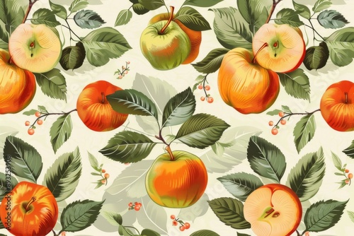 Obraz na płótnie Fruit pattern. Seamless pattern of apple and leaves. Vintage botanical w salonie