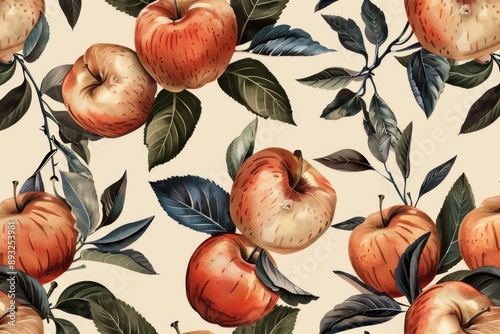 Fruit pattern. Seamless pattern of apple and leaves. Vintage botanical 