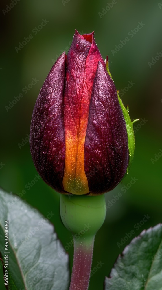 Vibrant red tulip bud against a blurred green background