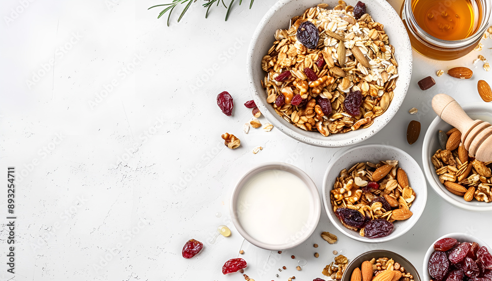 Muesli bowl and ingredients for healthy breakfast. Granola, nuts, dried fruits, flakes, honey and greek yogurt on white table, copy space Muesli bowl and ingredients for healthy breakfast. Granola, nuts, dried fruits, flakes, honey and greek yogurt on white table, copy space
