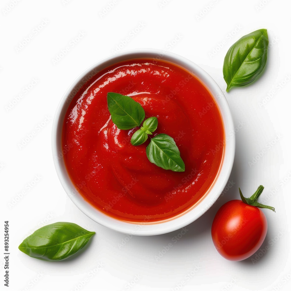 Delicious tomato soup with fresh basil leaves Delicious tomato soup with fresh basil leaves