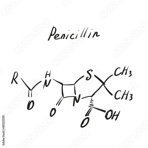 Penicillin (C16H18N2O4S) molecule formula. Hand drawn imitation, structural model, penicillin formula photo