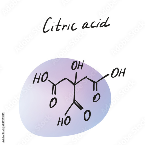 Citric acid molecule formula. Hand drawn imitation of organic acid structural model, citric acid skeletal formula