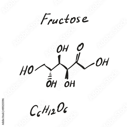 Fructose (D-fructose) fruit sugar molecule formula, high-fructose corn syrup (HFCS) component