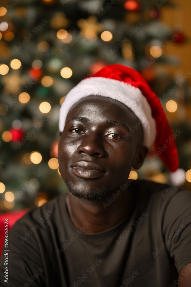 A tired-looking man in a Santa hat celebrates Christmas at home, showing a weary expression. A tired-looking man in a Santa hat celebrates Christmas at home, showing a weary expression.
