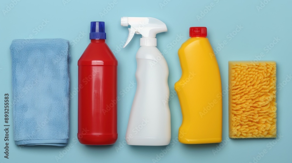 Cleaning supplies and tools on a teal background Cleaning supplies and tools on a teal background