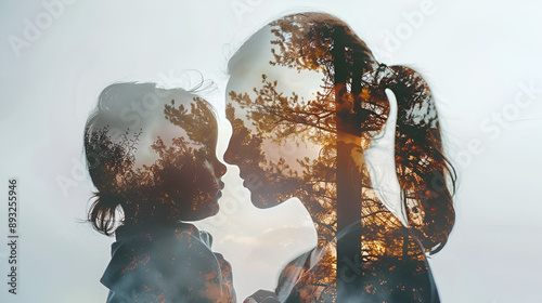 Double exposure mother and child photo with natural background