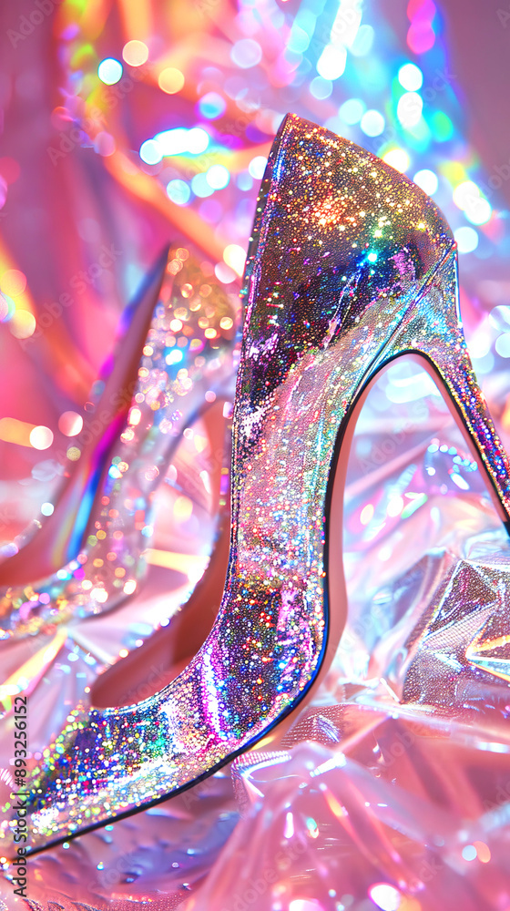 A close up of high heels with sparkles, dreamy and iridescent colors, holographic background A close up of high heels with sparkles, dreamy and iridescent colors, holographic background