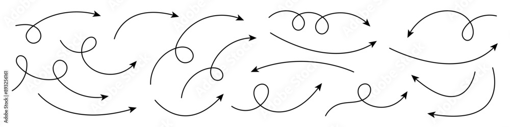 Collection of curved arrows. Set simple curved hand drawn arrows. Collection of pointers. Collection of curved arrows. Set simple curved hand drawn arrows. Collection of pointers.