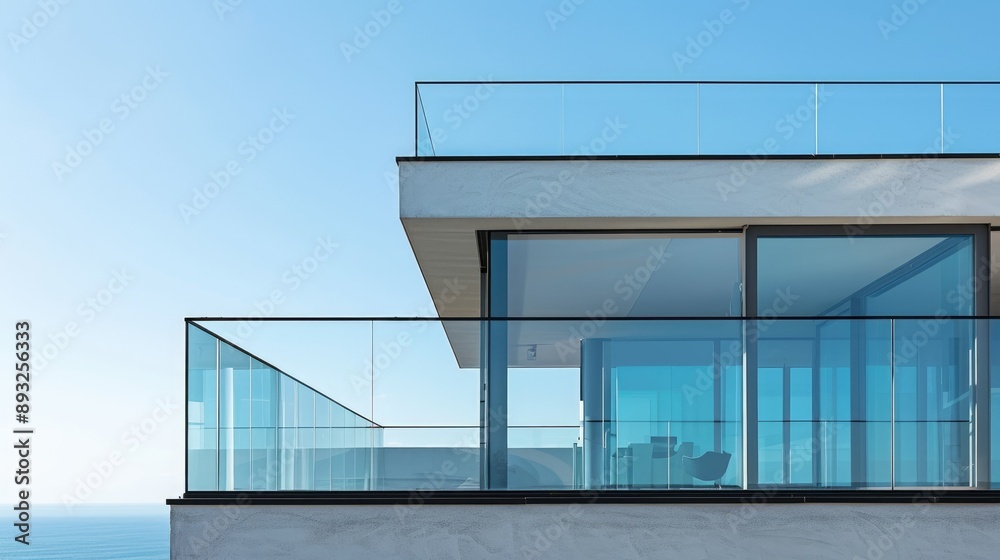 View from contemporary glass and steel balcony, deck, promenade with railing. Exterior, interior architecture.