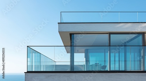 Obraz na płótnie View from contemporary glass and steel balcony, deck, promenade with railing. Exterior, interior architecture. w salonie