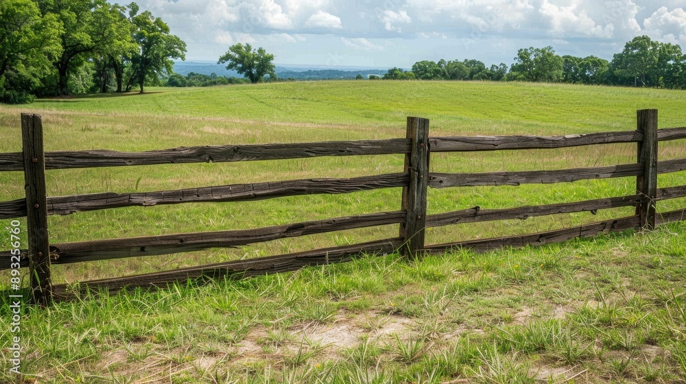 Rustic wooden fence bordering a lush, green field Rustic wooden fence bordering a lush, green field