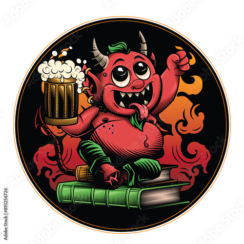 Devil's Beer coaster. Vector illustration in engraving technique of horned red devil holding a beer. 