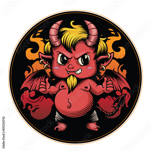 Devil's Beer coaster. Vector illustration in engraving technique of cute horned red little devil. 