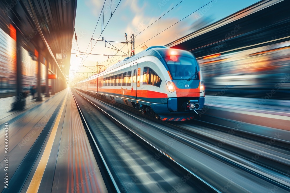 High speed train in motion on the railway station at sunset. Fast moving modern passenger train on railway platform. Railroad with motion blur effect. Commercial transportation. Blurred background High speed train in motion on the railway station at sunset. Fast moving modern passenger train on railway platform. Railroad with motion blur effect. Commercial transportation. Blurred background