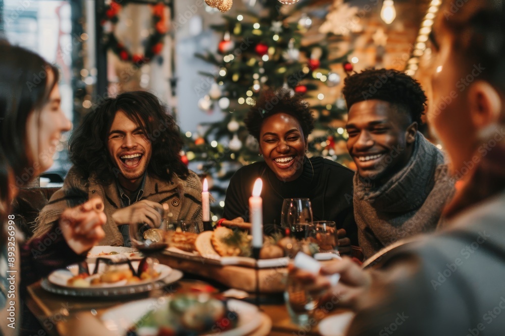 holidays, celebration and people concept. happy multi-ethnic friends having christmas dinner at home. holidays, celebration and people concept. happy multi-ethnic friends having christmas dinner at home.