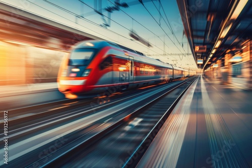 High speed train in motion on the railway station at sunset. Fast moving modern passenger train on railway platform. Railroad with motion blur effect. Commercial transportation. Blurred background