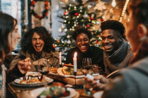 holidays, celebration and people concept. happy multi-ethnic friends having christmas dinner at home. 