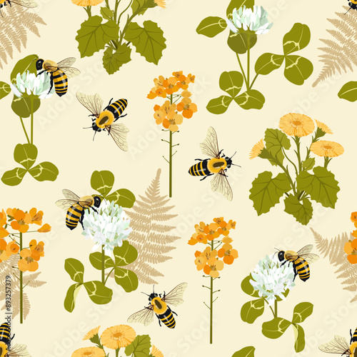 Excellent seamless pattern with wild flowers and bees on a beige background. For decoration textile, packaging.