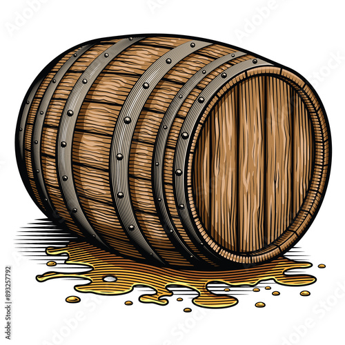 Beverage barrel. Vector illustration in engraving technique of wooden old alcohol cask.