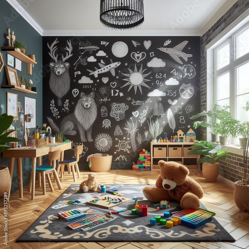 A chalkboard painted wall in a kids' playroom for endless creati photo