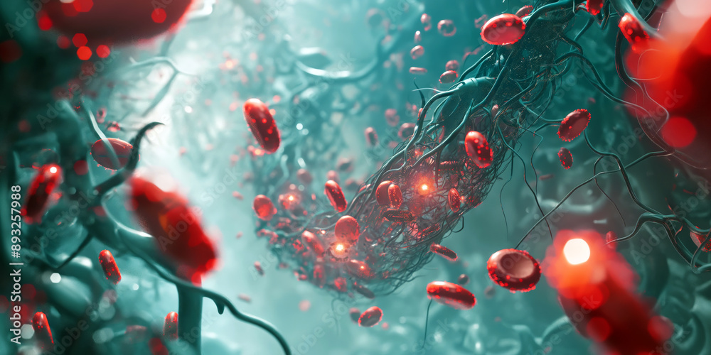 A futuristic scene depicting a swarm of tiny nanorobots inside a human ...