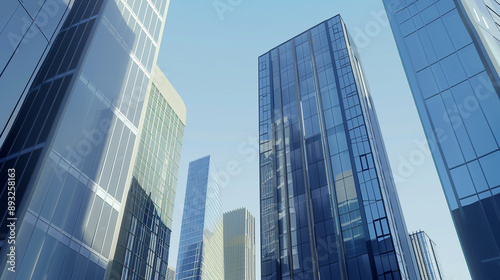A futuristic skyscraper with a sleek, reflective glass facade rising against a clear blue sky, showcasing modern urban architecture and advanced design