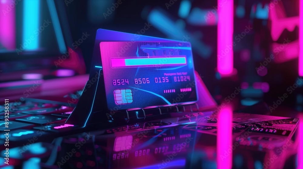 Futuristic credit card with neon lights and digital interface on a reflective surface. Fintech, digital payments, cyber security, online transactions, virtual banking, technological advancement. Futuristic credit card with neon lights and digital interface on a reflective surface. Fintech, digital payments, cyber security, online transactions, virtual banking, technological advancement.