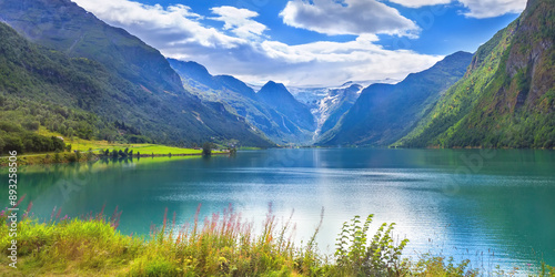 Fototapeta Naklejka Na Ścianę i Meble -  Norway fjord and glacier banner landscape