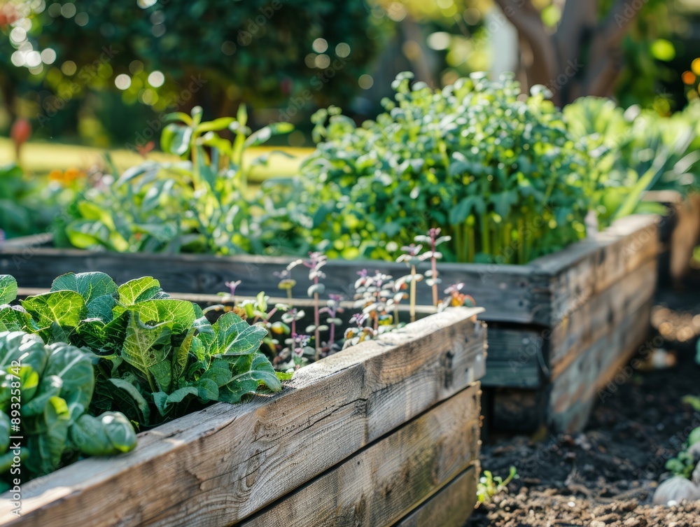 Growing Lush and Healthy Vegetables in Raised Wooden Garden Beds During Early Spring Growing Lush and Healthy Vegetables in Raised Wooden Garden Beds During Early Spring