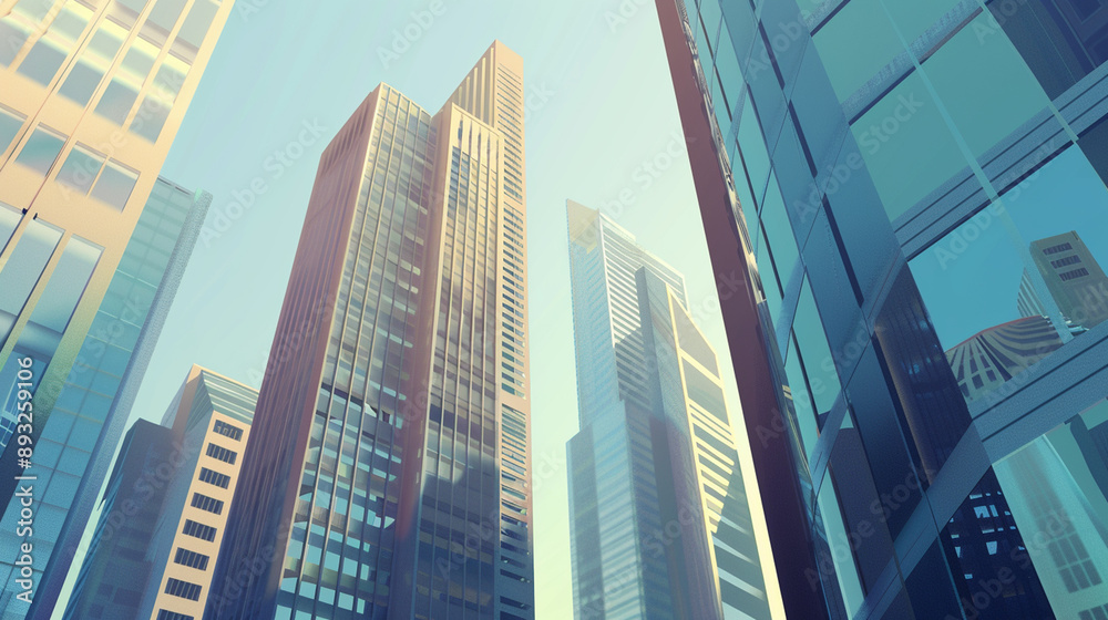 Fototapeta premium A futuristic skyscraper with a sleek, reflective glass facade rising against a clear blue sky, showcasing modern urban architecture and advanced design