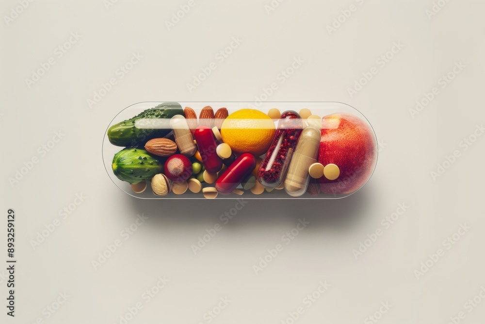Medicine health concept. Nutritional supplement and vitamin supplements as a capsule with fruit vegetables nuts and beans inside a nutrient pill.