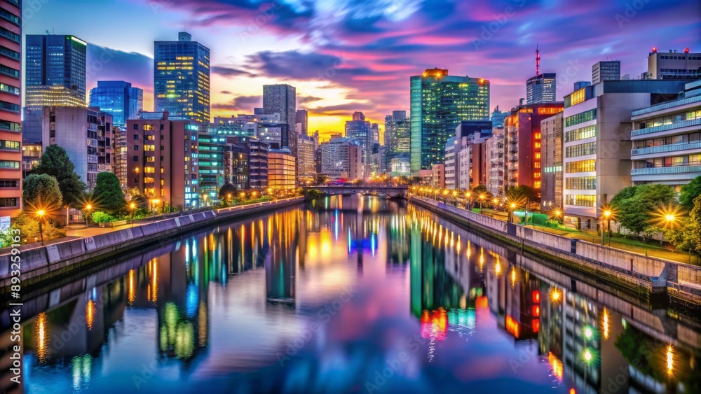 Naklejka premium Vibrant evening cityscape of Tokyo featuring colorful neon lights, towering skyscrapers, and historic buildings along serene waterway reflections.