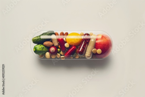 Obraz na płótnie Medicine health concept. Nutritional supplement and vitamin supplements as a capsule with fruit vegetables nuts and beans inside a nutrient pill. w salonie